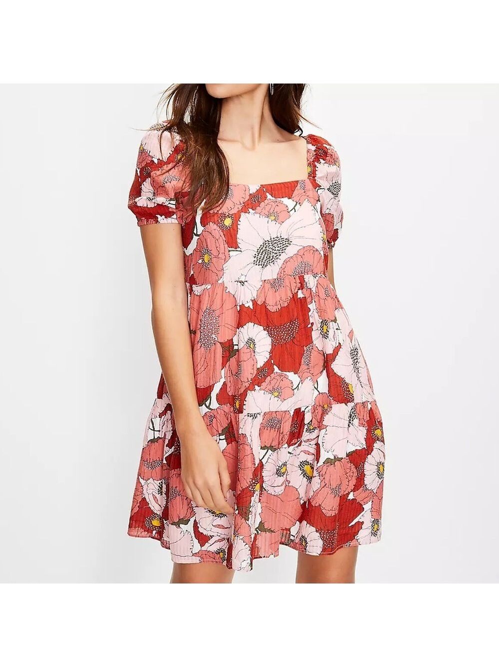 LOFT Poppy Square Neck Puff Sleeve Red Floral Dress size 12